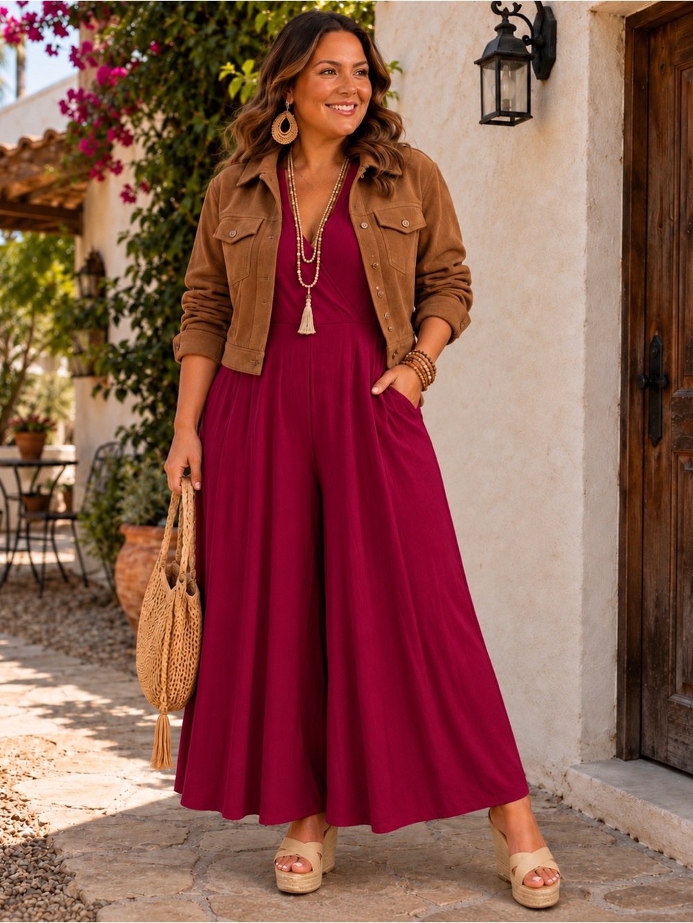 Zenana Surplice Neckline Sleeveless V-Neck Jumper Wide-Leg Burgandy Size L